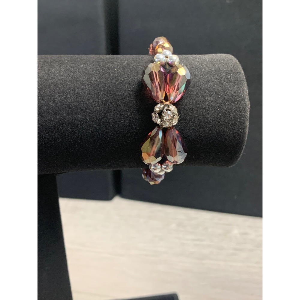 Amethyst Purple Crystal Bow Stretch Bracelet Silver Tone Rhinestone Beaded 6in